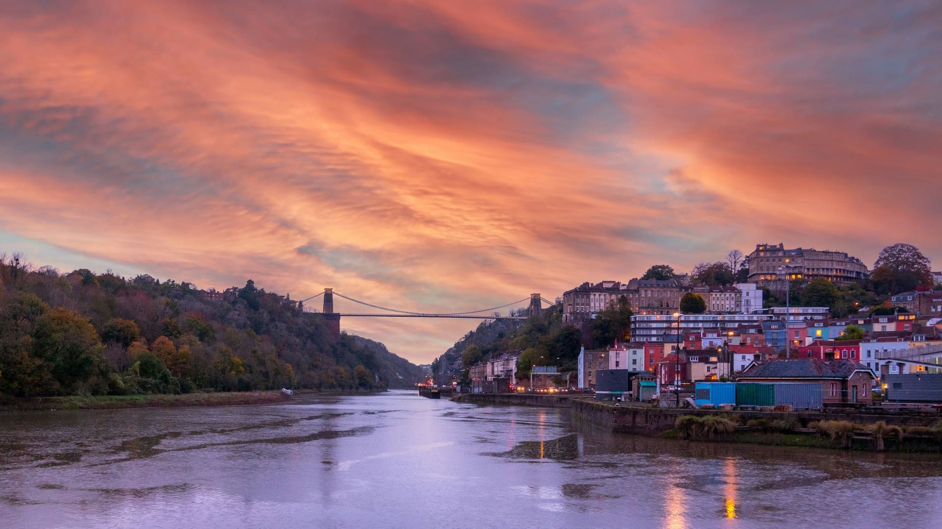 Bristol harbourside at sunset with Clifton Suspension Bridge — social media agency in Bristol